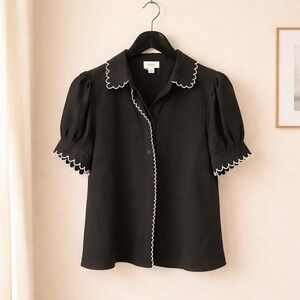 CeCe Black Scalloped Trim Puff Sleeve Button Down Blouse Petite Small Feminine